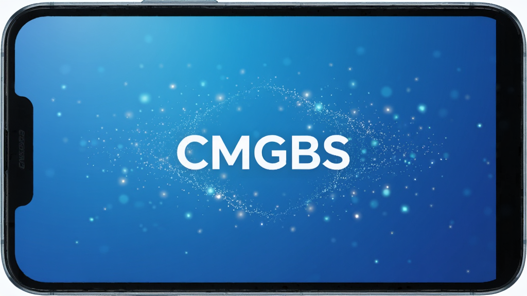 一部安卓手机屏幕显示CMGBS软件启动界面,界面中央有CMGBS文字标识,背景为渐变蓝色,周围有轻盈的粒子效果,布局居中对称,风格科技简约,细节上文字清晰锐利,画质高清,干净,无多余元素