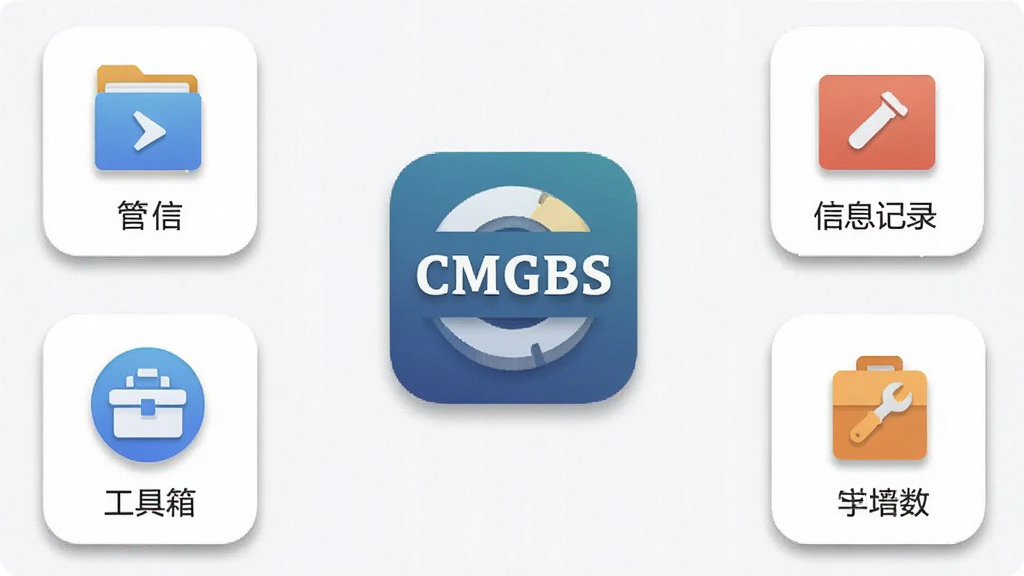 一张展示CMGBS软件主界面的手机屏幕截图,画面中央是CMGBS应用图标和名称,周围环绕着功能模块图标如文件管理、信息记录、工具箱等,布局简洁清晰,风格现代扁平化,细节上图标带有轻微阴影和圆角,画质高清,干净,无多余元素