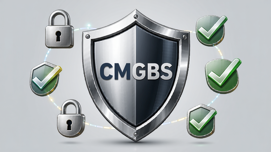 CMGBS软件安全防护概念图,画面中央是一个盾牌图标,盾牌上印有CMGBS字样,周围环绕着锁、勾选标记等安全元素,布局居中,风格稳重商务,细节上盾牌有金属质感光泽,画质高清,干净,无多余元素