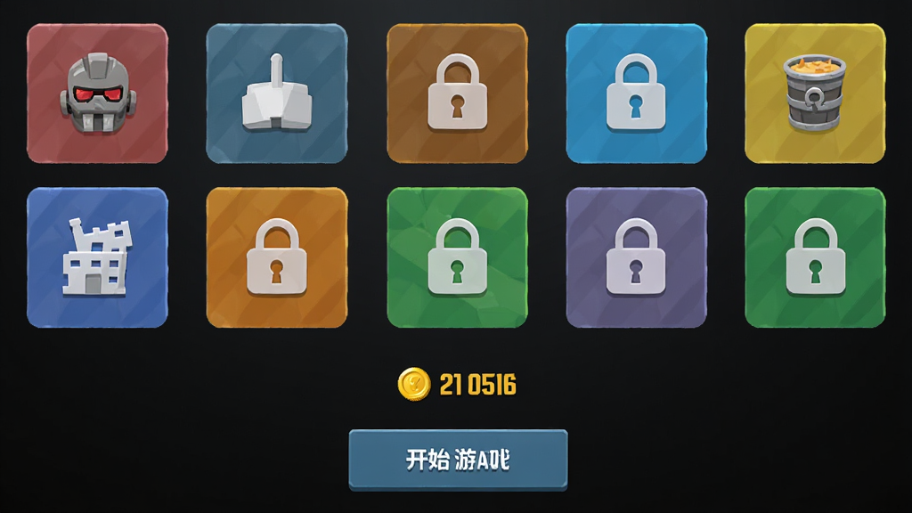 末日城市毁灭模拟器无广告解锁界面图,主体为游戏主菜单界面,显示所有灾难工具已解锁,图标为亮色,背景是简洁的深色渐变,布局为网格排列,风格为扁平化设计,细节包括解锁的锁图标打开状态、金币数量显示、开始游戏按钮,画质高清,干净,无多余元素