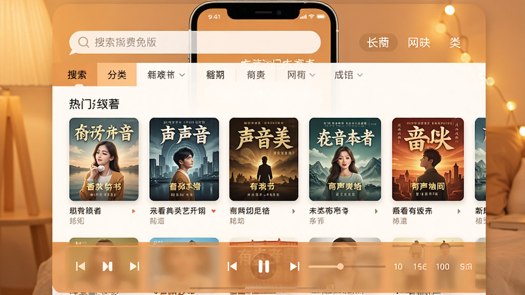 一张手机屏幕展示番看听书免费版软件主界面,界面上方显示搜索栏和分类标签,中部展示热门有声书封面推荐,底部有播放控制条,背景为温馨的暖色调,整体布局清晰整洁,风格为现代扁平化设计,细节包括书籍封面、播放按钮、进度条等元素,画质高清,干净无多余元素