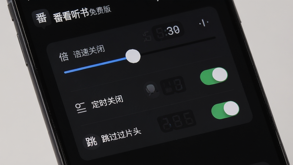 手机屏幕特写展示番看听书免费版的播放设置面板,面板上有倍速调节滑块、定时关闭选项、跳过片头开关等控件,背景为深色模式界面,风格为现代简约的移动端设置页面,细节包括清晰的图标、数值显示、开关按钮,画质高清,干净无多余元素