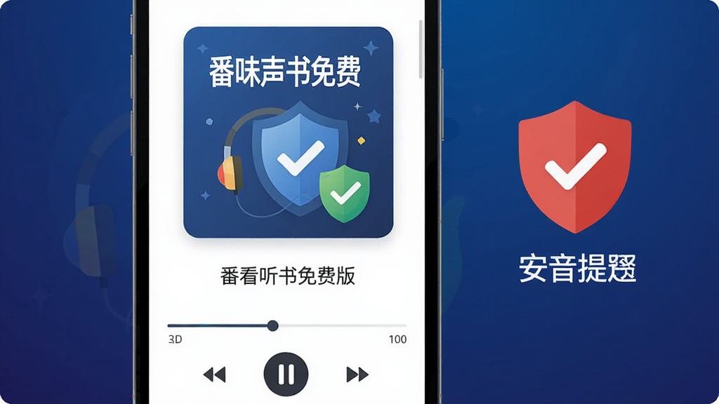 一张手机屏幕显示番看听书免费版播放界面,屏幕中央是正在播放的有声书封面和章节标题,底部有播放进度条和控制按钮,旁边有一个红色盾牌图标表示安全提示,背景为深蓝色渐变,风格为扁平化安全提示插画,细节包括耳机、盾牌、对勾等元素,画质高清,干净无多余元素