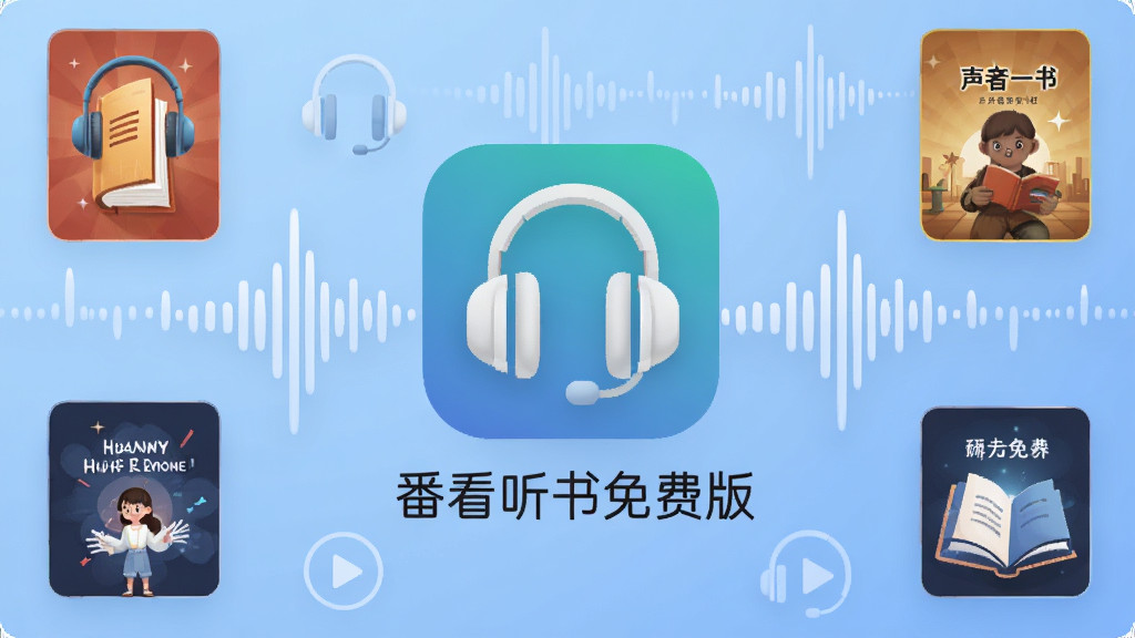 画面中央展示番看听书免费版软件图标和名称,周围环绕着各类有声书封面和音频波形图案,背景为柔和的渐变蓝色,风格为科技感扁平插画,细节包括耳机图标、播放按钮、书籍元素,画质高清,干净无多余元素