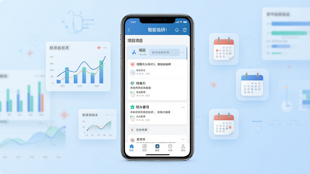 一张展示智能临研i软件主界面的场景图,画面中央是一部竖屏智能手机,屏幕显示智能临研i应用首页,包含项目列表、待办事项卡片和底部导航栏,手机两侧漂浮着半透明的医疗数据图表和日历图标,背景为浅蓝色渐变,风格简洁商务,细节清晰,画质干净,无多余元素,图片中文字标注“智能临研i”