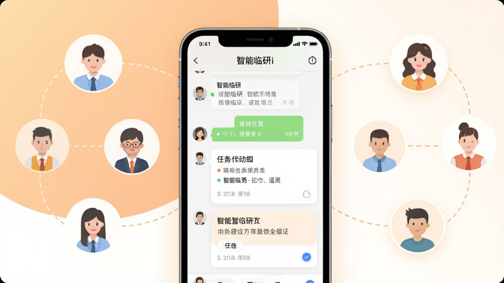 一幅展示智能临研i团队协作界面的概念图,画面中央是手机屏幕显示聊天列表和任务卡片,周围环绕着多个代表团队成员的简约人物图标,图标之间用虚线连接,背景为浅橙色与白色渐变,风格友好亲切,细节清晰,画质干净,无多余元素,图片中文字标注“智能临研i”