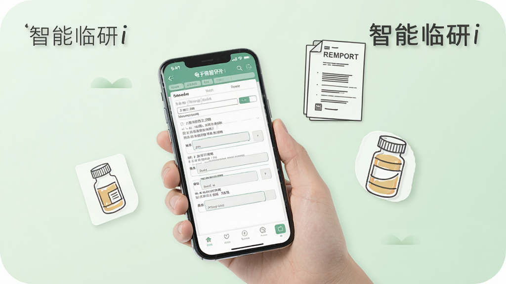 一幅描绘智能临研i数据采集功能的场景图,画面中一只手拿着手机,手机屏幕上显示电子病例报告表填写界面,旁边漂浮着检验报告单和药瓶的简笔画图标,背景为柔和的浅绿色,风格清新简洁,细节清晰,画质干净,无多余元素,图片中文字标注“智能临研i”
