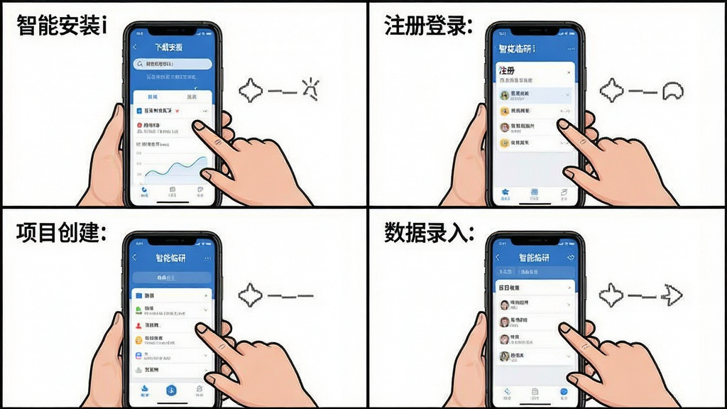 一张展示智能临研i移动端操作步骤的示意图,画面为四格漫画风格,分别展示下载安装、注册登录、项目创建、数据录入四个场景,每格配有简短的手机界面和操作手势,背景为白色,风格简洁明快,细节清晰,画质干净,无多余元素,图片中文字标注“智能临研i”
