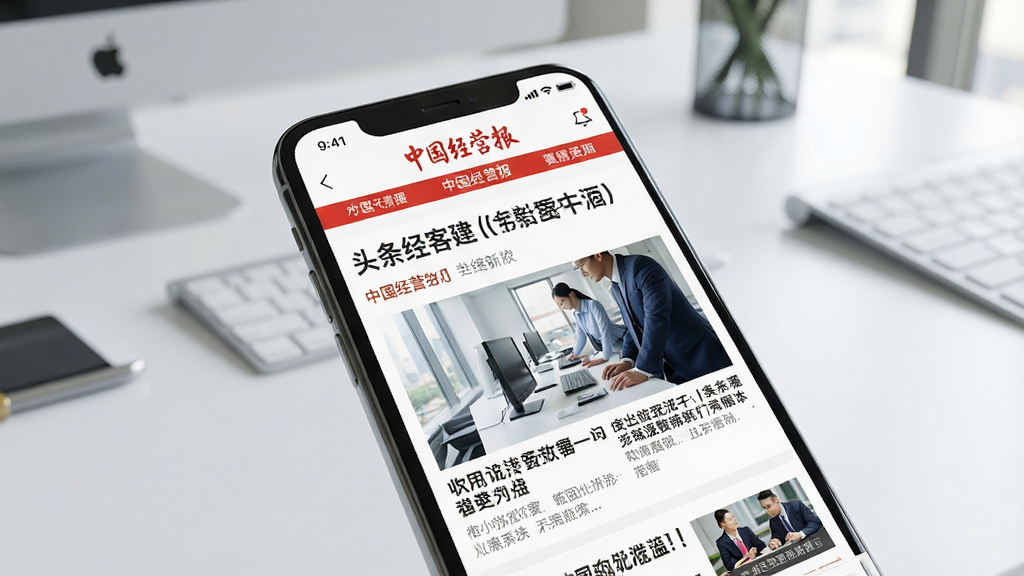 一张展示智能手机屏幕的图片,屏幕中打开着中国经营报应用首页,页面排版清晰,有醒目的头条财经新闻标题和配图,背景是简洁的现代办公桌面,风格商务专业,画质清晰,干净,无多余元素