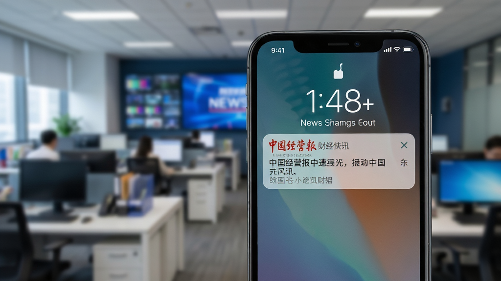 手机锁屏界面显示中国经营报推送的一条财经快讯通知,内容简洁,背景为模糊的新闻编辑室场景,风格商务,画质清晰,干净,无多余元素