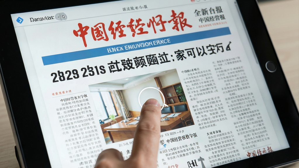 中国经营报数字报阅读界面,屏幕上显示着一张完整的报纸版面,文字清晰可辨,支持手势缩放操作,模拟真实报纸的阅读感受,画质清晰,干净,无多余元素