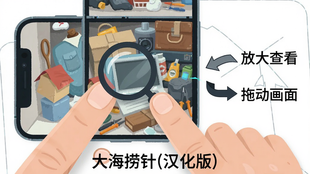 一张手机操作示意图,画面展示两根手指在手机屏幕上做放大手势,屏幕内是密集的杂物场景,放大镜图标悬浮在手指旁边,画面右侧有箭头标注“放大查看”“拖动画面”两个操作提示,风格为科技感扁平插画,布局为手机居中、操作提示在右侧,细节清晰,画质干净,图片下方用中文标注“大海捞针(汉化版)”