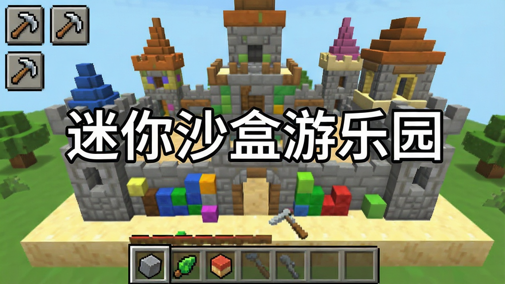 像素风格游戏截图,展示一个正在建造中的沙盒城堡,画面中有各种颜色的方块、工具图标和半成品建筑,界面底部有物品栏,画面中央用白色文字标注