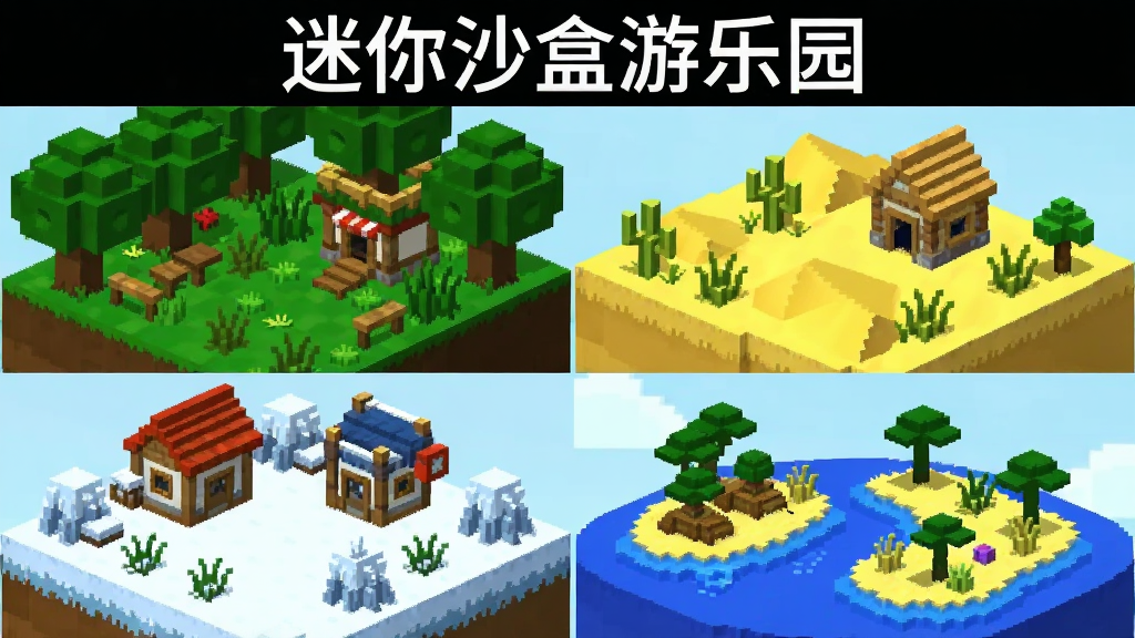 像素风格游戏场景图,展示四个不同主题的沙盒区域,分别是绿色森林、黄色沙漠、白色雪地和蓝色海岛,每个区域都有代表性的建筑和植物,画面顶部用白色文字写着