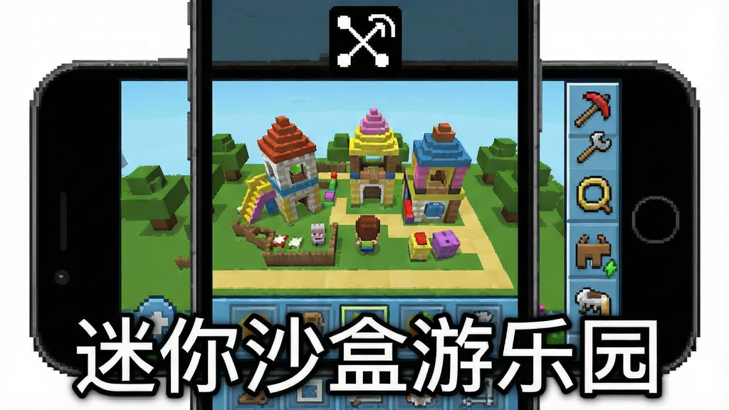 像素风格游戏界面截图,展示手机屏幕中运行沙盒游戏的画面,屏幕上方显示无网络图标,画面中有建造中的乐园和工具栏,画面底部用白色文字标注