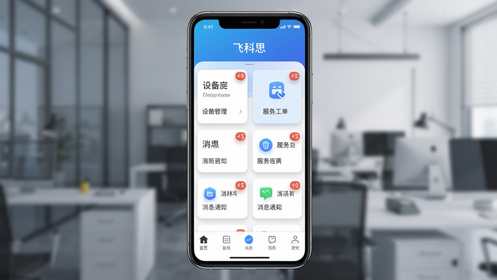 飞科思软件主界面全景展示图,主体为一部智能手机屏幕,屏幕上显示飞科思应用首页,包含设备管理卡片、服务工单入口、消息通知图标,布局采用上下结构,上方为蓝色渐变标题栏,中间为功能模块网格,下方为底部导航栏,排版整齐清晰,风格为现代商务科技风,细节包含图标阴影、卡片圆角、数字角标,画质高清干净,无多余元素,屏幕中文字显示“飞科思”