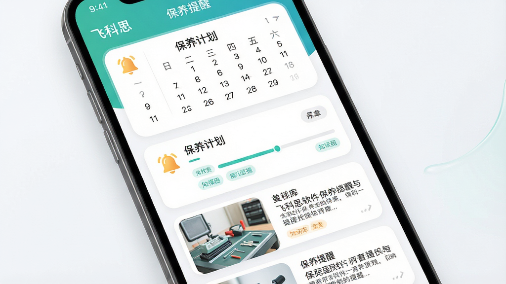 飞科思软件保养提醒与知识库界面展示图,主体为手机屏幕显示保养计划列表与知识库文章卡片,布局为上下滚动结构,上方为日历提醒模块,下方为图文文章列表,排版采用柔和圆角卡片,风格清新实用,细节包含铃铛图标、进度条、分类标签,画质高清干净,屏幕中文字显示“飞科思”与“保养提醒”