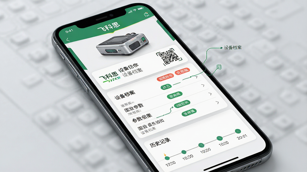 飞科思软件设备信息查询界面展示图,主体为手机屏幕显示设备详情页,布局为顶部设备照片与型号名称,中部为参数列表,底部为历史记录时间轴,排版采用卡片式分层,风格简洁工业风,细节包含二维码扫描按钮、状态标签、图标注释,画质清晰干净,屏幕中文字显示“飞科思”与“设备档案”
