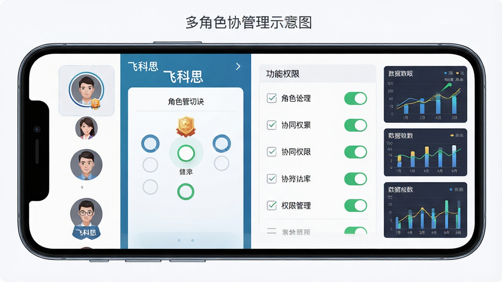 飞科思软件多角色协同管理示意图,主体为手机屏幕显示角色切换面板与权限说明,布局为左右分栏,左侧为角色头像列表,右侧为功能权限勾选表,排版整齐对称,风格商务简约,细节包含角色徽章、权限开关、数据图表,画质清晰干净,屏幕中文字显示“飞科思”与“协同管理”