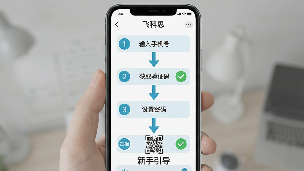 飞科思软件新手操作步骤示意图,主体为手机屏幕显示注册登录与设备绑定流程,布局为竖向步骤条,从顶部到底部分别为输入手机号、获取验证码、设置密码、扫描设备二维码,排版清晰有序,风格扁平化设计,细节包含步骤序号、箭头指引、成功提示图标,画质高清干净,屏幕中文字显示“飞科思”与“新手引导”