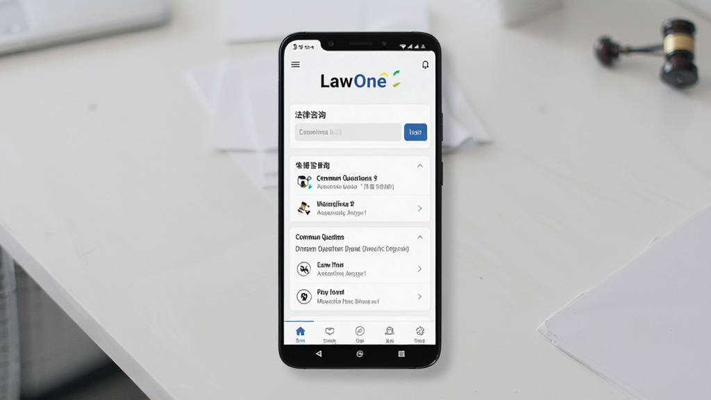 一张展示 LawOne 软件主界面的手机预览图,画面中央是一部竖直放置的安卓手机,屏幕内显示 LawOne 应用首页,顶部有“LawOne”文字标识,中部为法律咨询输入框与常见问题快捷入口,底部为导航栏,背景为干净的浅灰色工作台面,风格简洁现代,细节清晰,画质高清,干净无多余元素