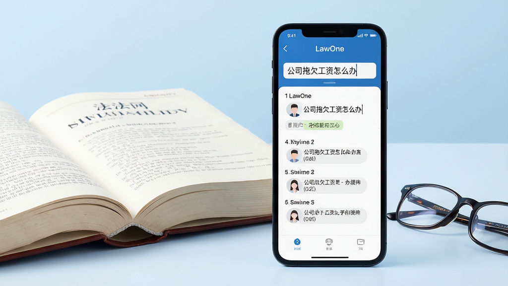 一张展示 LawOne 智能问答功能的场景图,画面中央是一部手机,屏幕内显示用户输入“公司拖欠工资怎么办”后,LawOne 给出分步骤解答的界面,手机旁边放着一本翻开的法典与一副眼镜,背景为淡蓝色渐变,风格商务简洁,细节清晰,画质高清,干净无多余元素