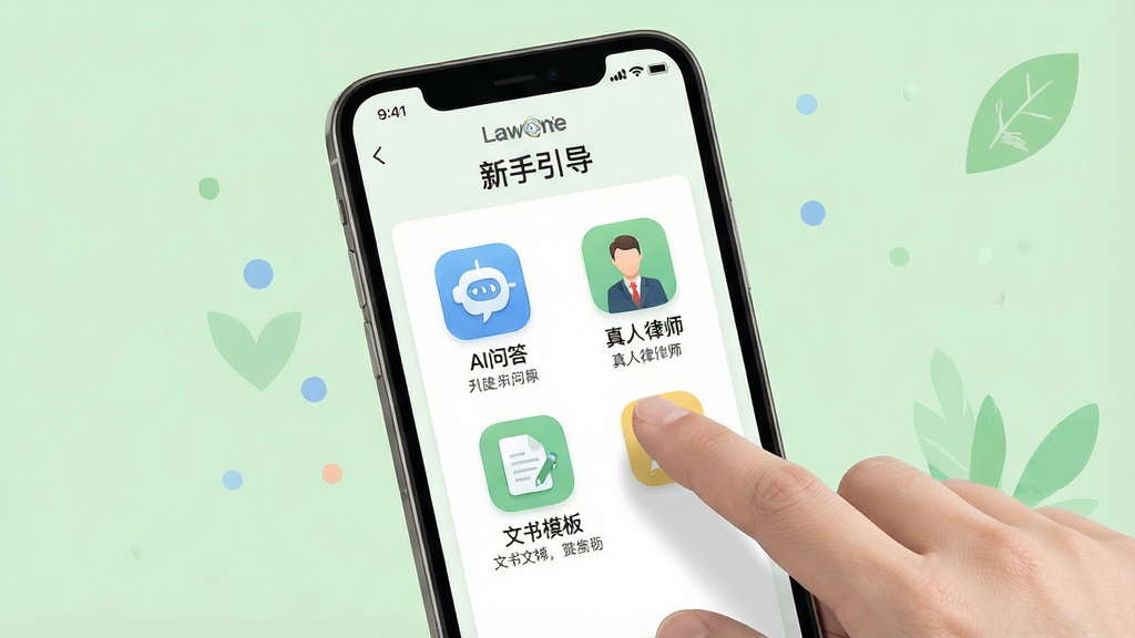 一张展示 LawOne 移动端操作界面的示意图,画面中央是一部手机,屏幕内显示“新手引导”页面,包含“AI问答”“真人律师”“文书模板”三个图标与简要说明文字,手机旁边有一只手正在点击屏幕,背景为浅绿色清新风格,细节清晰,画质高清,干净无多余元素