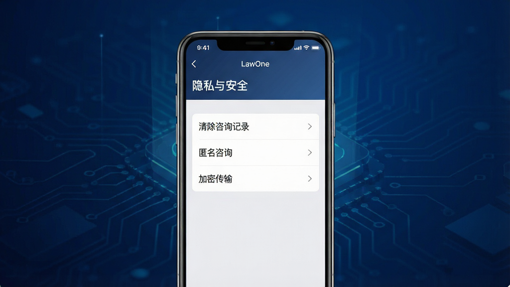一张展示 LawOne 隐私保护设置的界面图,画面中央是一部手机,屏幕内显示“隐私与安全”设置页面,包含“清除咨询记录”“匿名咨询”“加密传输”等选项,背景为深蓝色科技感渐变,风格稳重专业,细节清晰,画质高清,干净无多余元素