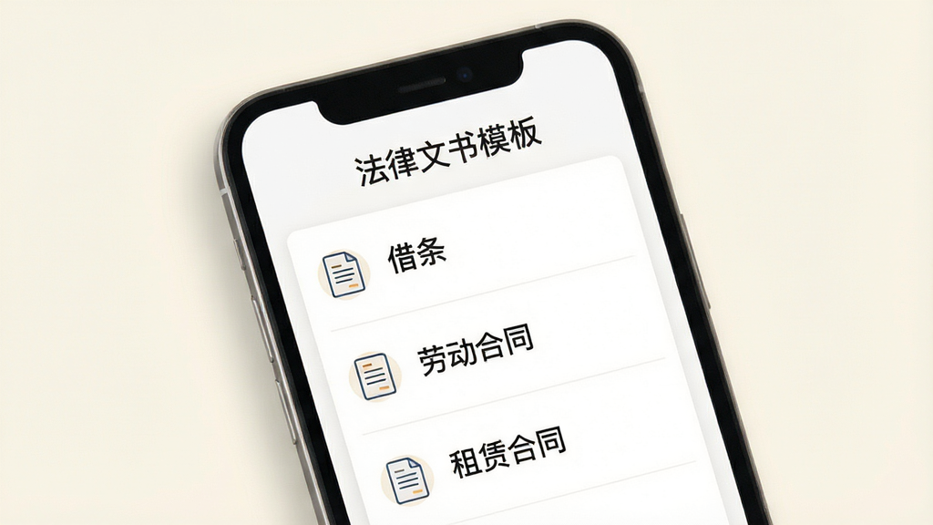 一张展示 LawOne 文书模板库的界面图,画面中央是一部手机,屏幕内显示“法律文书模板”列表,可见借条、劳动合同、租赁合同等条目,每个条目配有简洁图标,背景为柔和的米白色,风格清新素雅,细节清晰,画质高清,干净无多余元素