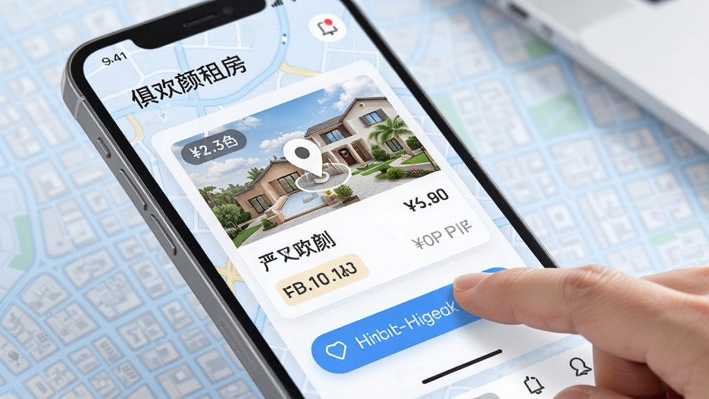 一幅详细的AI生图,主题为“俱欢颜租房”的房源筛选界面,画面主体是一个手机屏幕,屏幕上展示着带有地图定位的房源卡片,卡片上有价格和户型标签,背景是淡蓝色的城市地图网格,风格为现代科技感UI设计,细节包括手指正在点击筛选按钮,画质高清,界面干净整洁