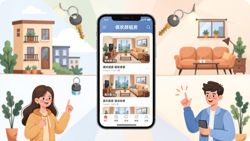 一张展示现代都市租房场景的插画,画面中央是一部智能手机,屏幕上显示着“俱欢颜租房”应用程序的房源列表界面,手机周围环绕着温馨的公寓楼、钥匙、家具和开心的年轻租客形象,布局采用中心放射状,风格为扁平化矢量插画,细节丰富,色彩柔和明亮,画质清晰,干净无多余元素