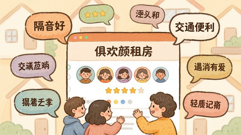 一张表现社区互动氛围的插画,画面中心是“俱欢颜租房”的社区页面,显示着用户头像和五星评价,周围环绕着对话气泡,气泡里写着“隔音好”“交通便利”等关键词,布局采用环绕式排版,风格为温暖的卡通插画,细节丰富,色彩活泼,画质清晰,无多余装饰