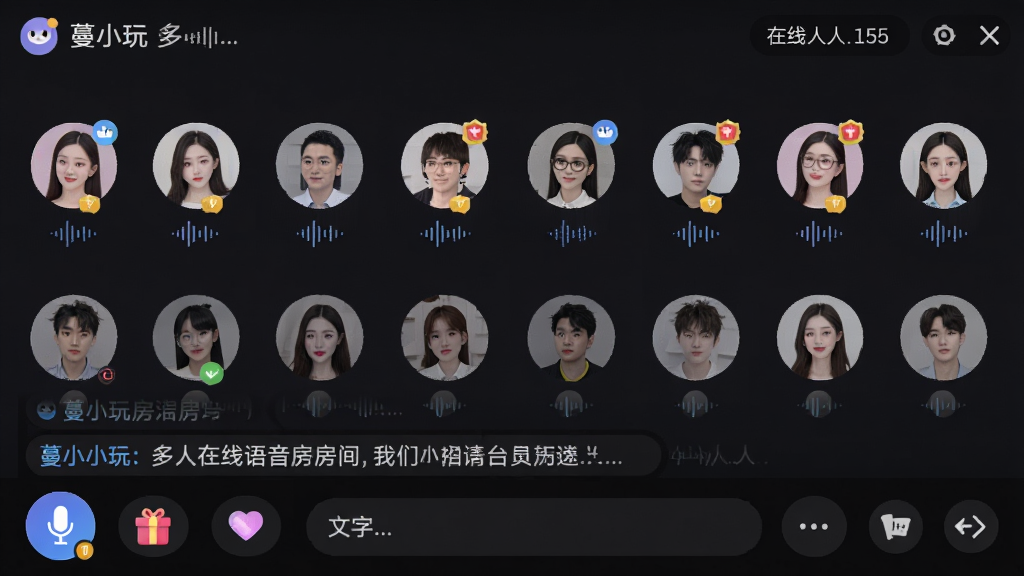一张“蔓小玩”多人在线语音房间的界面截图,画面显示房间内多个用户头像排列在麦位上,顶部有房间名称和在线人数,底部有麦克风、礼物、文字输入等按钮,背景为深色模式,风格为现代社交应用UI,细节包括语音波纹、用户等级徽章、公屏消息滚动,画质清晰,干净无杂乱元素。