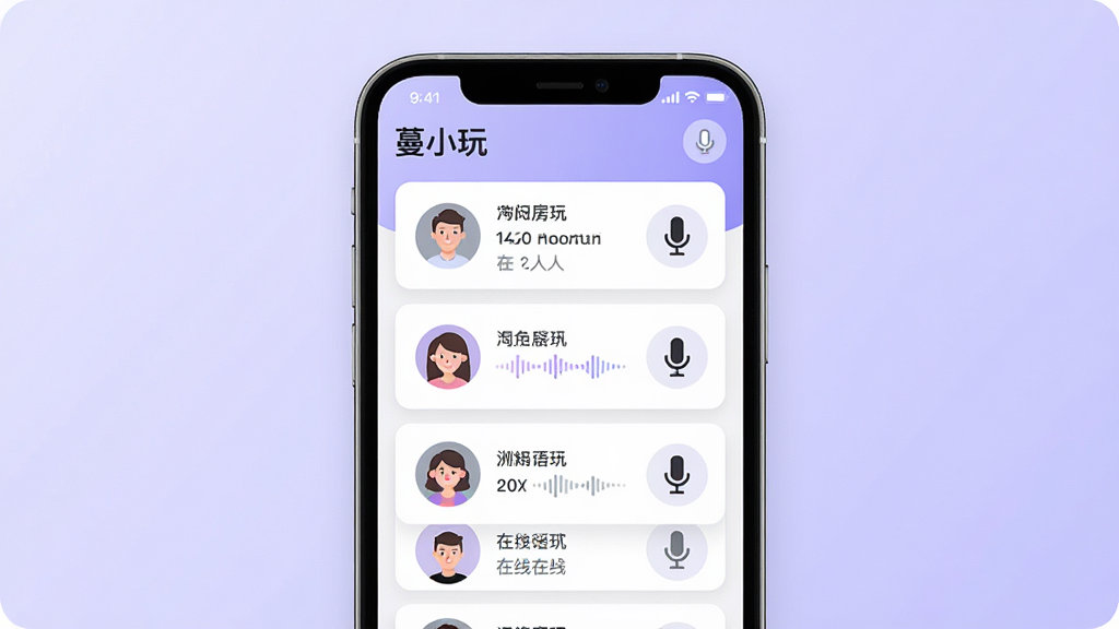 一张展示“蔓小玩”语音社交应用核心界面的图片,画面中央是手机屏幕,屏幕内显示语音房间列表、用户头像和麦克风图标,背景为柔和的浅紫色渐变,排版简洁现代,风格为扁平化UI设计,细节包括房间卡片、在线人数、语音波形动画,画质清晰干净,无多余元素。