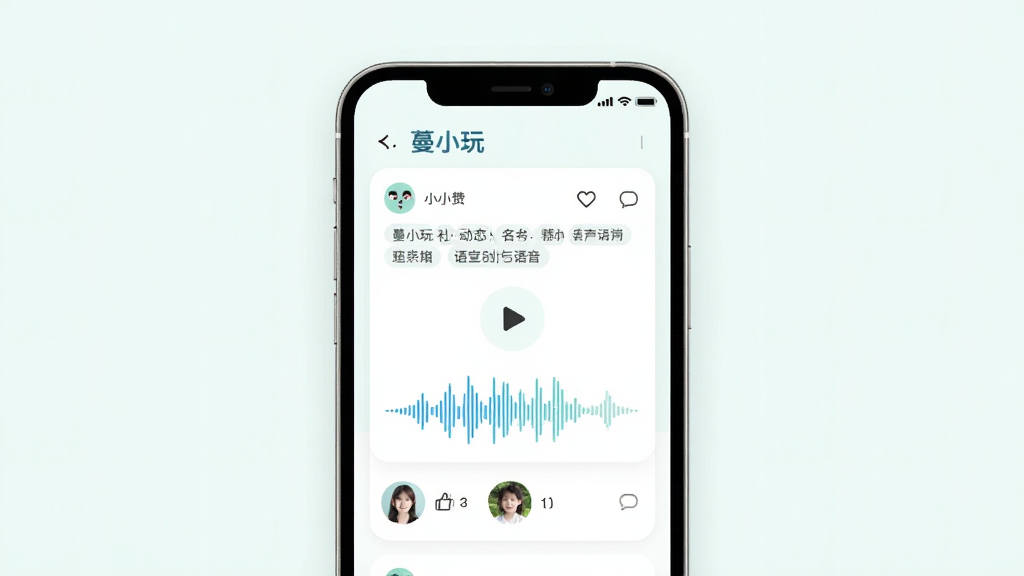 一张“蔓小玩”动态社区与声音名片界面的图片,画面中央是手机屏幕,屏幕内显示语音动态卡片、播放按钮、波形图和用户头像,背景为浅色系,风格为清新社交应用,细节包括点赞图标、评论气泡、标签文字,画质清晰,排版干净整洁。