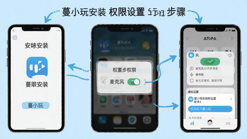 一张展示“蔓小玩”手机端安装与权限设置步骤的示意图,画面为手机屏幕分步截图,包含应用安装界面、权限弹窗、麦克风开关和通知设置,背景为浅蓝色,风格为教程类信息图,细节包括箭头指引、文字标注、图标高亮,画质清晰,排版干净。