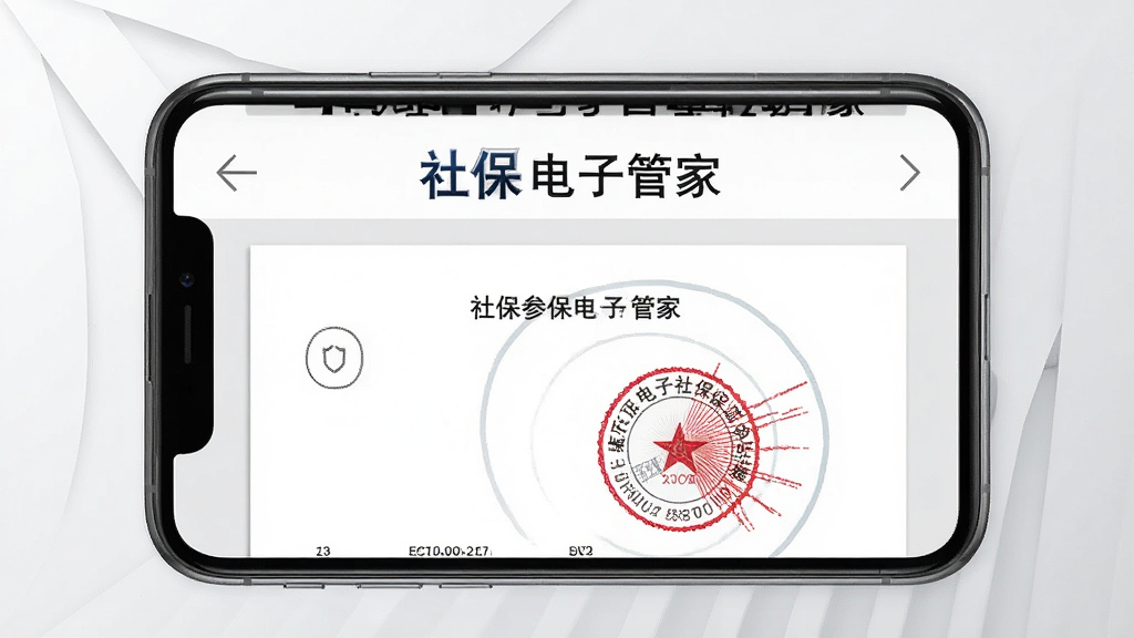社保电子管家电子社保证明生成功能展示,画面为手机屏幕内显示一份带有电子印章的参保证明文档,文档上方有社保电子管家字样,背景为白色和浅灰色搭配,主体为手机和文档界面,布局居中,排版规范,风格正式商务,细节上印章清晰、文字可辨,画质高清,干净,无多余元素