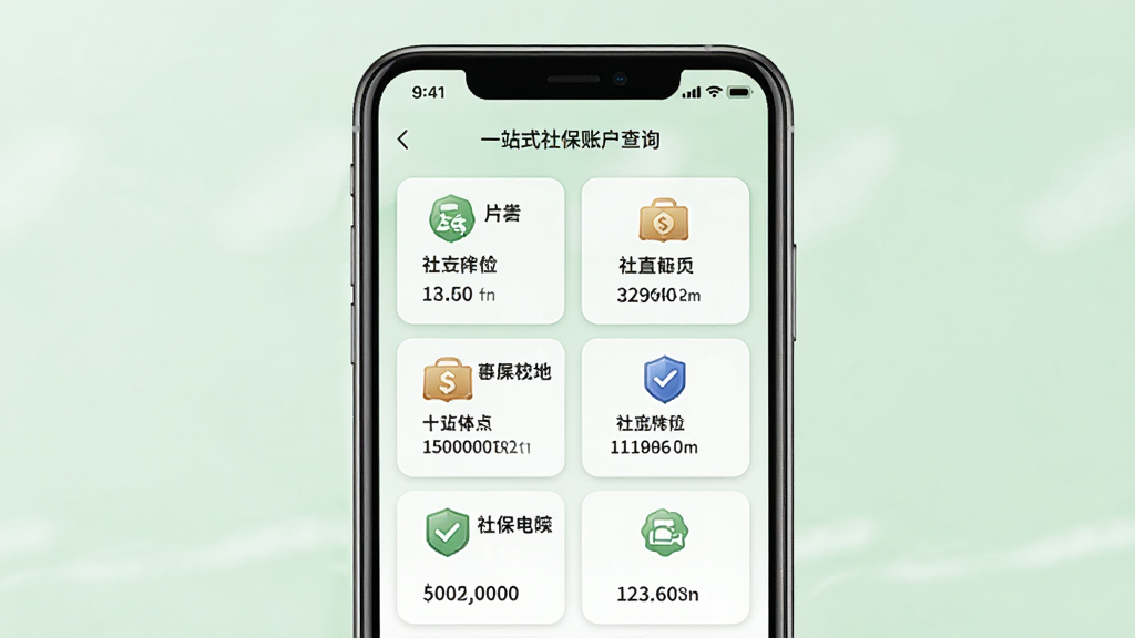 社保电子管家一站式社保账户查询功能界面,画面展示手机屏幕内五大险种卡片式排列,每个卡片配有对应的图标和缴纳数据,背景为柔和的浅绿色,主体为手机和界面内容,布局居中,排版整齐,风格清新简约,细节上数字清晰可见,画质高清,干净,无多余元素