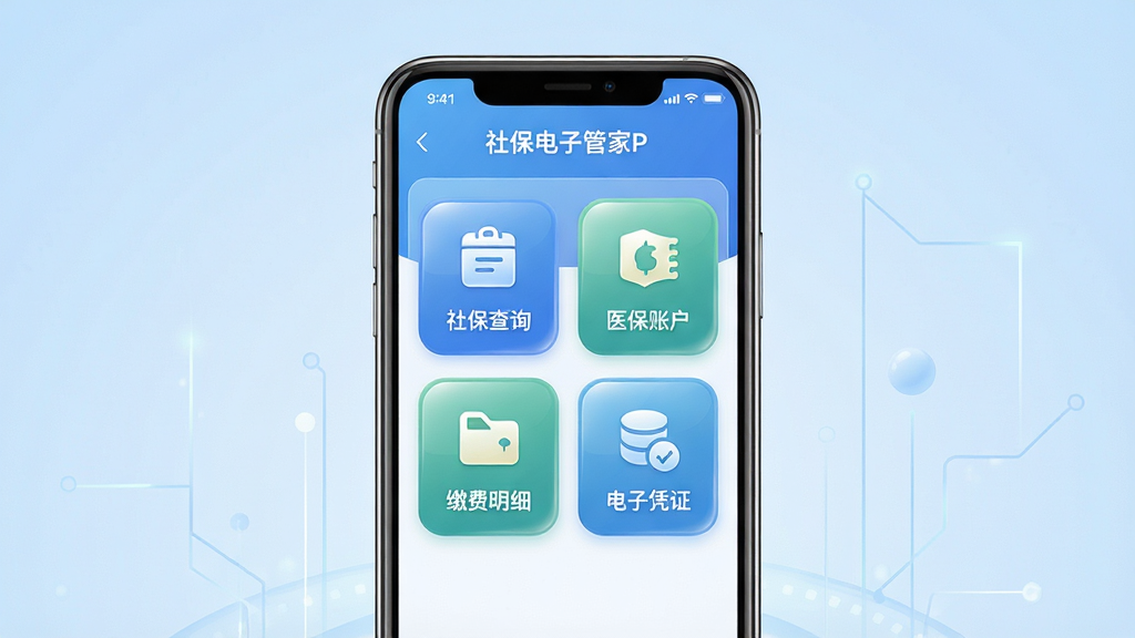 社保电子管家手机应用主界面展示,画面中央是一部智能手机,屏幕内呈现社保电子管家APP的首页布局,包含社保查询、医保账户、缴费明细、电子凭证四个功能模块图标,背景为淡蓝色渐变,主体突出,布局简洁,排版清晰,风格为扁平化科技感设计,细节上图标圆润有光泽,画质高清,干净,无多余元素