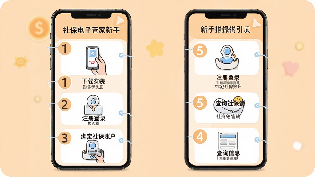 社保电子管家新手操作引导页面,画面展示手机屏幕内分步骤的操作指引图文,包含下载安装、注册登录、绑定社保账户、查询信息四个步骤,背景为浅橙色,主体为手机和步骤说明,布局纵向排列,排版清晰,风格友好亲切,细节上步骤编号醒目,画质高清,干净,无多余元素