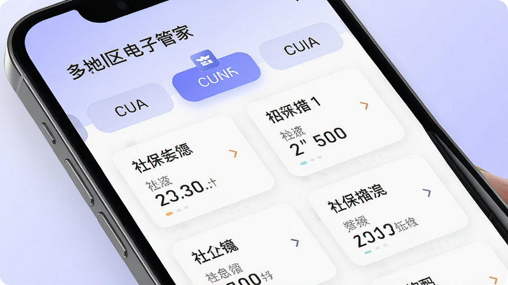 社保电子管家多地区参保信息切换功能界面,画面展示手机屏幕内多个城市标签页排列,每个标签对应不同地区的社保数据摘要,背景为淡紫色渐变,主体为手机和界面,布局清晰,排版有序,风格现代科技感,细节上城市名称和数字清晰,画质高清,干净,无多余元素