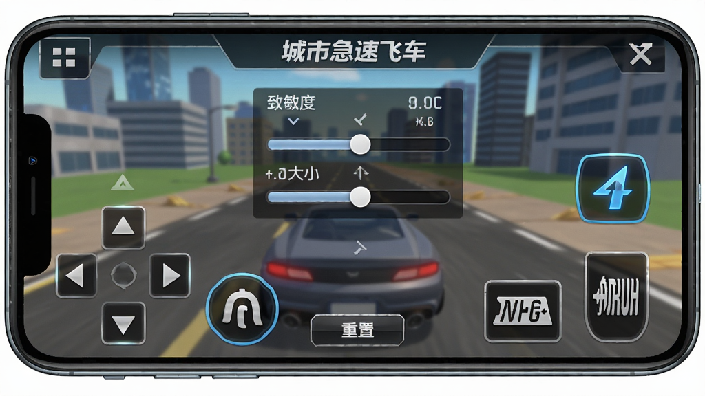 城市急速飞车新手操作设置界面截图,画面展示手机屏幕上的虚拟按键布局,包括方向键、漂移键、氮气键与刹车键,布局为横屏游戏界面,排版突出按键位置与透明度调节滑块,风格为游戏设置菜单风格,细节包括灵敏度数值、按键大小调节、重置按钮,画质高清,干净,无多余元素