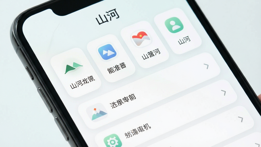 一张“山河”应用首页界面特写图,主体为手机屏幕,布局为宫格与列表结合,排版疏朗有序,风格为清新浅色系,细节包含圆角卡片、柔和图标、浅灰分割线,画质清晰干净无多余元素,画面顶部显示“山河”字样
