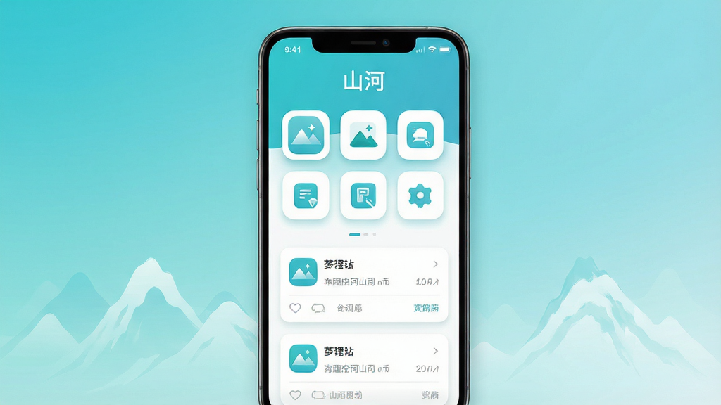 一张以“山河”为主题的手机应用界面展示图,主体为一部竖屏安卓手机,屏幕中显示简洁的卡片式功能布局,顶部有“山河”文字标识,整体布局采用上下结构,上方为功能入口图标区,下方为信息流卡片,排版整齐留白充足,风格为现代扁平化科技风,细节包含圆角图标、柔和阴影、浅色渐变背景,画质清晰干净无多余元素,整体色调以青蓝与白色为主