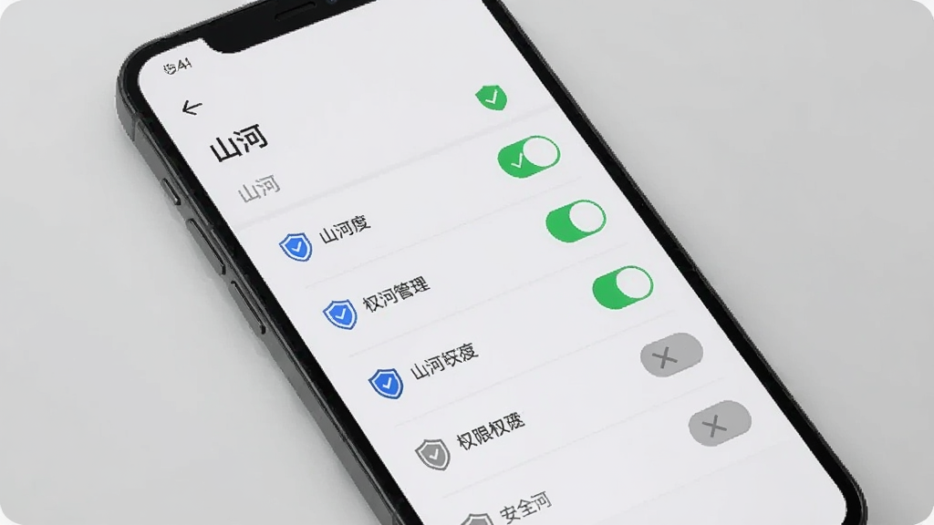 一部手机展示“山河”应用权限管理页面,主体为手机竖屏,布局为权限列表,排版为逐项开关排列,风格为安全简洁风,细节包含盾牌图标、绿色对勾、灰色禁用标识,画质清晰干净无多余元素,画面中文字为“山河”