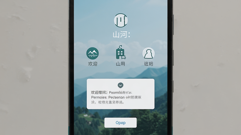 一部安卓手机展示“山河”应用启动引导页面,主体为手机屏幕,布局为上下结构,排版为图标加文字说明,风格为简约清新,细节包含欢迎语、权限提示弹窗、跳过按钮,画质清晰干净无多余元素,画面中文字为“山河”