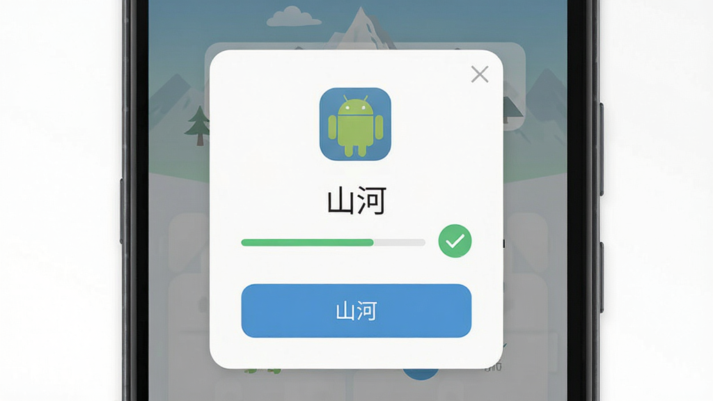 一张展示“山河”应用安装完成界面的图片,主体为手机屏幕,布局为居中提示框,排版为上方图标下方按钮,风格为扁平化轻质感,细节包含安卓机器人图标、安装进度条、完成对勾,画质清晰干净无多余元素,画面中文字为“山河”