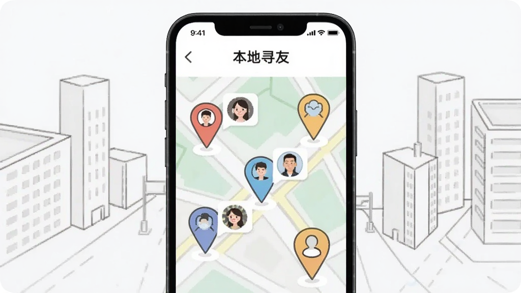 一张AI生成的图片,画面中央是一部智能手机,手机屏幕显示“本地寻友”的地图界面,地图上有多个彩色定位图钉,每个图钉旁有用户头像气泡,背景是简洁的城市街区线条图,风格扁平化,细节清晰,画质干净,无多余元素