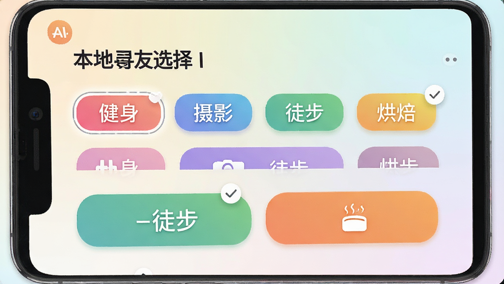 一张AI生成的图片,画面展示“本地寻友”应用内的兴趣标签选择页面,屏幕上有多个彩色圆角矩形标签,如“健身”“摄影”“徒步”“烘焙”,标签以网格排列,背景是柔和的浅色渐变,风格清新简约,细节包括选中的高亮效果,画质高清,干净,无多余元素