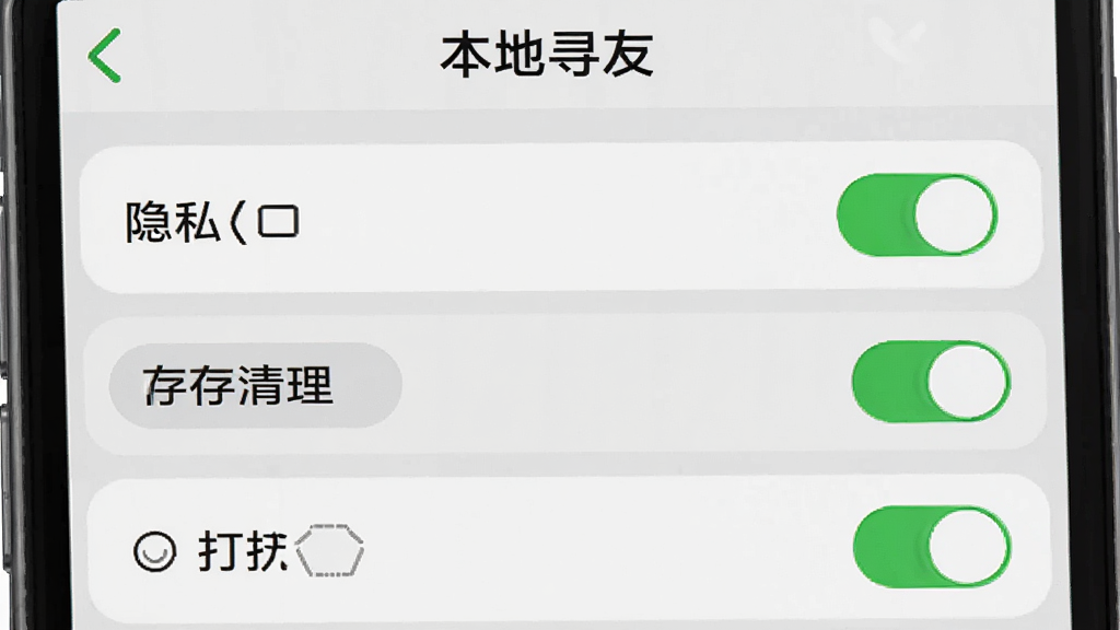 一张AI生成的图片,画面展示“本地寻友”应用内的设置页面,屏幕上有隐私开关、缓存清理按钮、免打扰选项,背景是浅灰色列表,风格简洁实用,细节包括开关的绿色高亮状态,画质清晰,干净,无多余元素